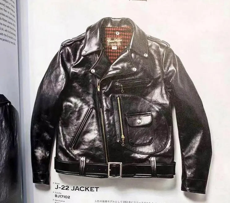Men's black horse leather motorcycle jacket with acetate lining, plain pattern, sizes S to XXL