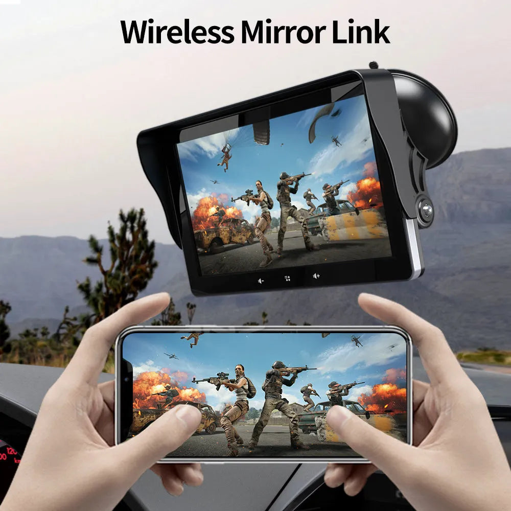 7 inch universal wireless CarPlay display with cigarette lighter power adapter and suction cup mount