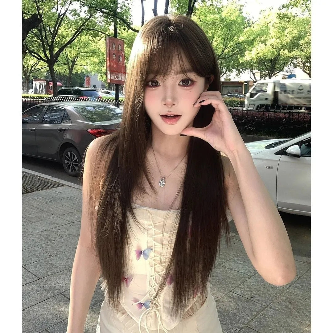 Brown-black high-temperature fibre ladies wig with head cover on display