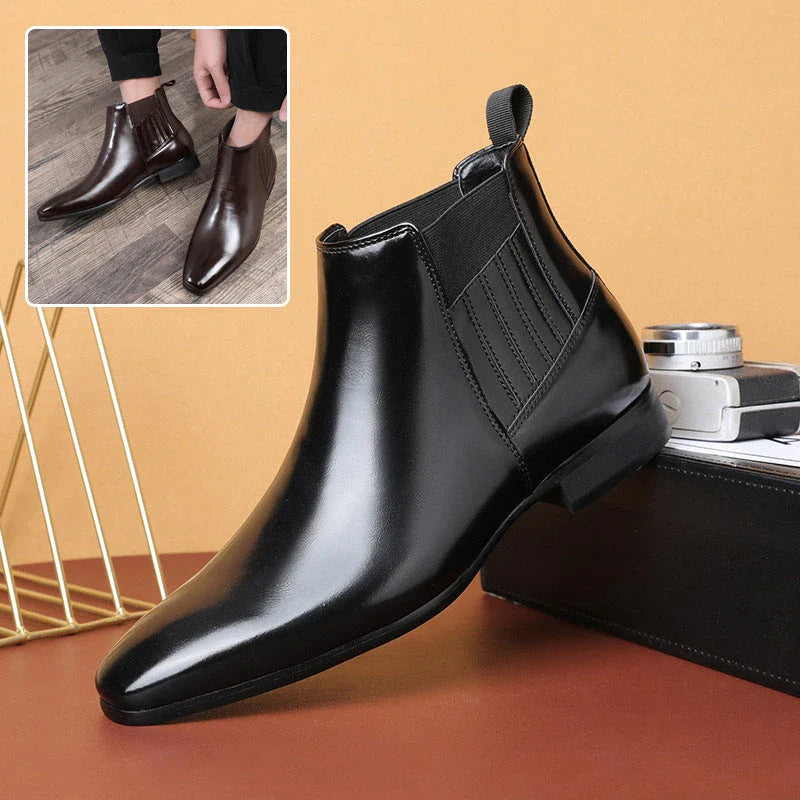 Stylish pointed-toe Chelsea boots for men in black and brown colors, featuring a square heel and sleek, British-inspired design.