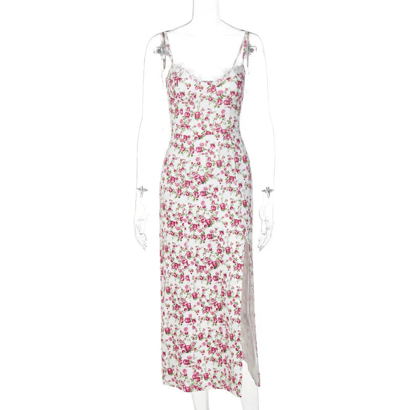 Women's blue lace flowers print maxi dress with suspender straps and a side slit.