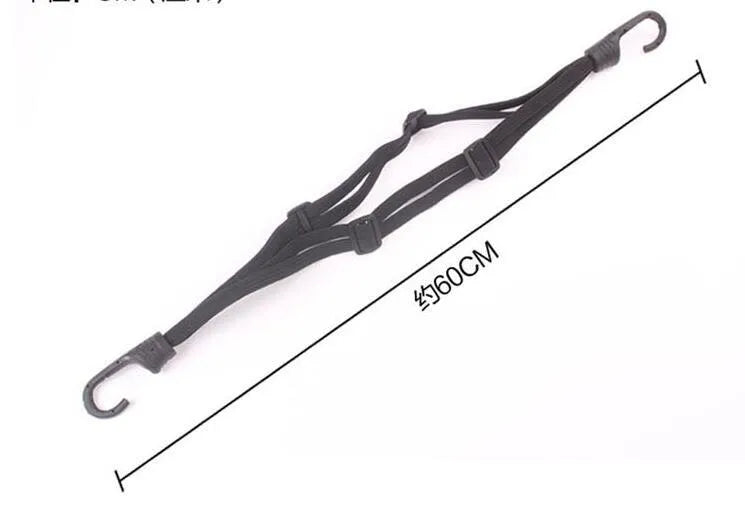 Black retractable motorcycle helmet strap with two metal hooks on a white background