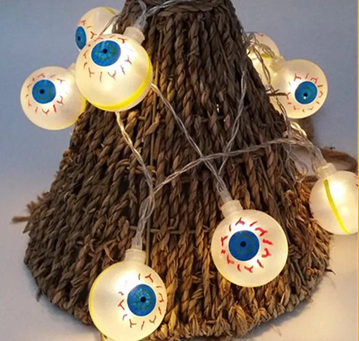 Halloween LED string lights with bat, ghost, pumpkin, and spider pendants on a 1.2 metre white wire.