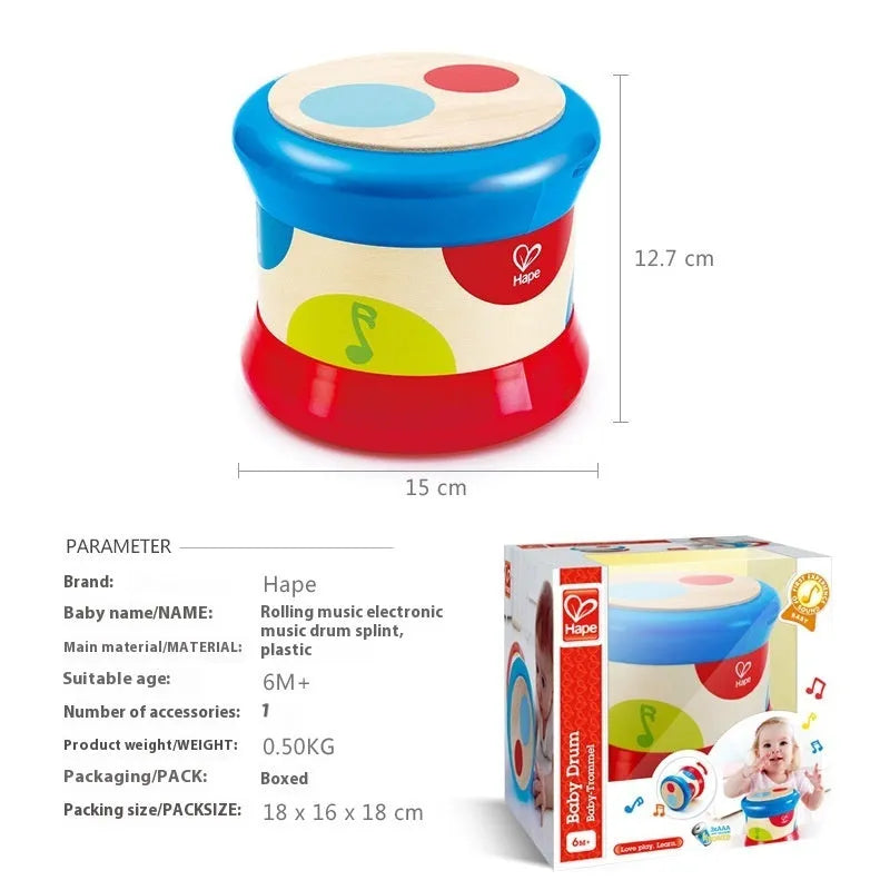 Smart touch electronic drum for babies, wooden construction, 265x110x102mm, colour option shown