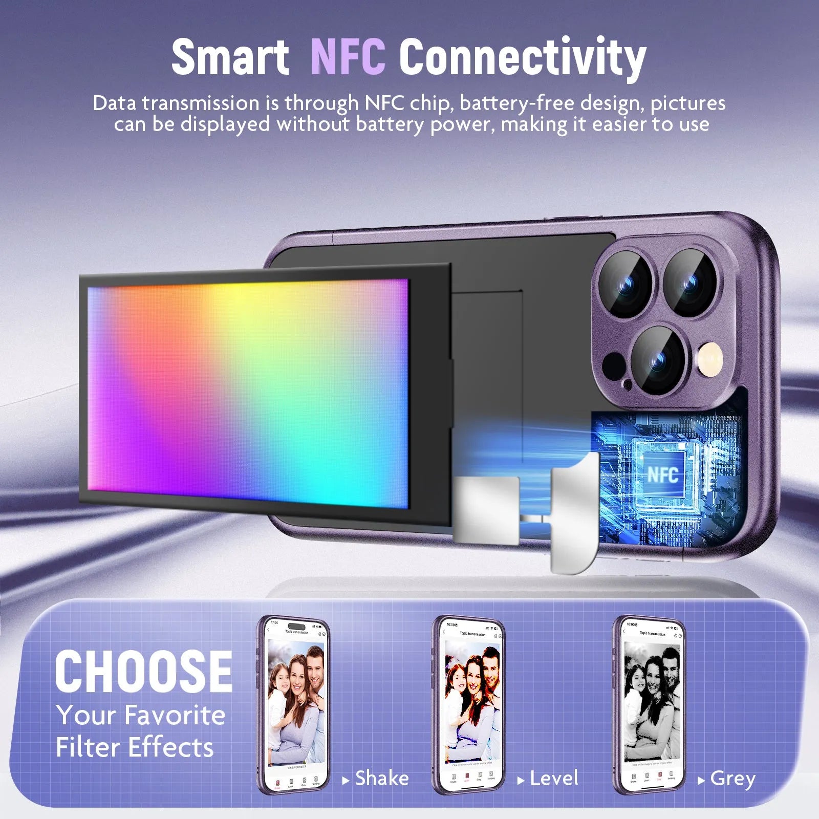 Black iPhone 15 Pro flip case with NFC ink screen for custom DIY designs
