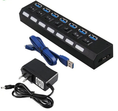 7 port USB 3.0 external hub with power adapter, ABS casing, black, US plug, front view