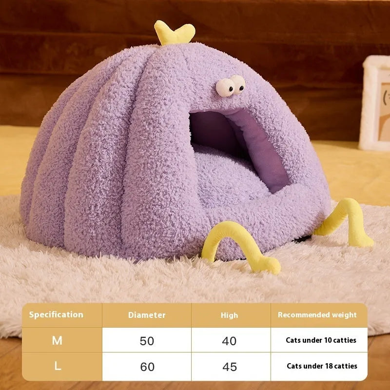 Monster-shaped semi-enclosed cat kennel bed with removable cushion in yellow, purple, or green colours
