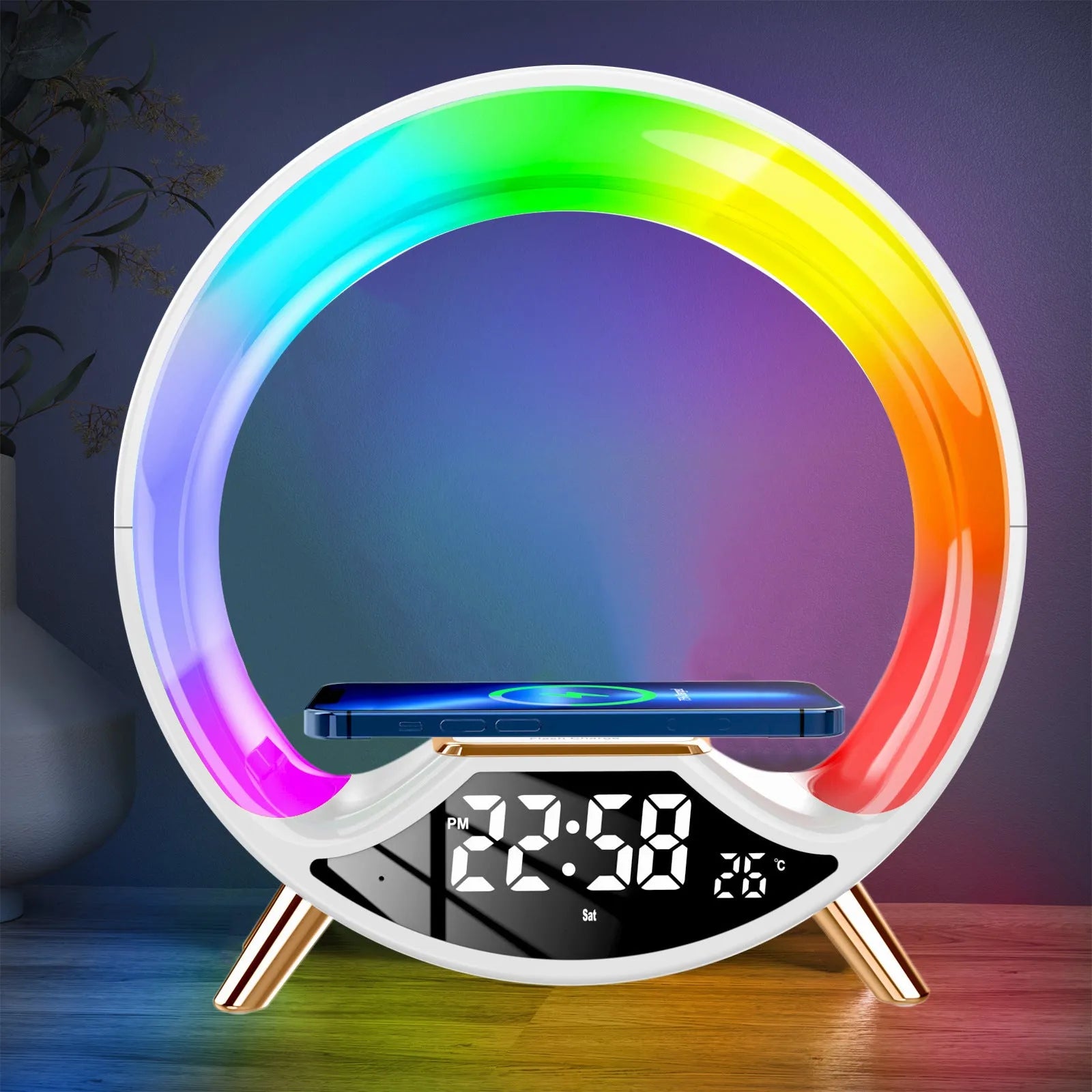 O Light three in one wireless charging Bluetooth speaker night light with digital clock display