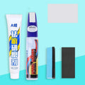 Automotive paint repair pen touch-up kit with paint pen, wax, sponge, and sandpaper for car scratches.