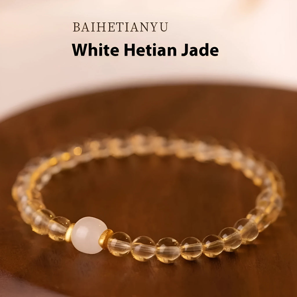 Handmade Putuo gold rutilated quartz bracelet with artificial crystal and pearl elements in Hotan Jade colours