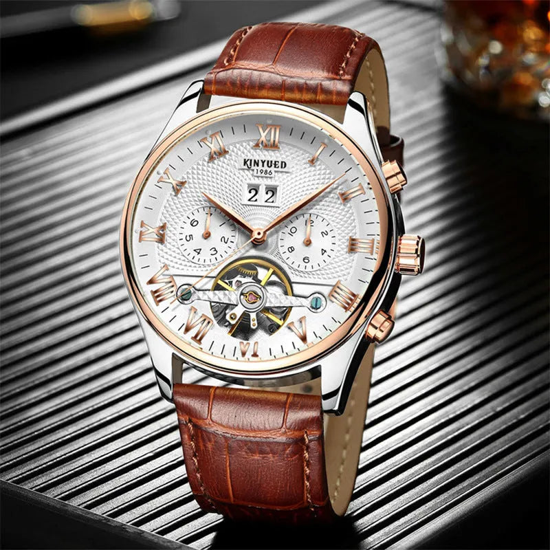 Men's automatic hollow tourbillon mechanical watch with 42mm dial and leather band on wrist