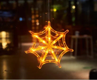 Halloween Window Hanging LED Lights with spooky designs of spiders, pumpkins, and ghosts