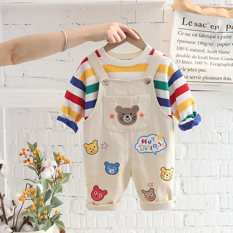 Boys' yellow beige plaid cotton overalls suit with button-up shirt and strap trousers