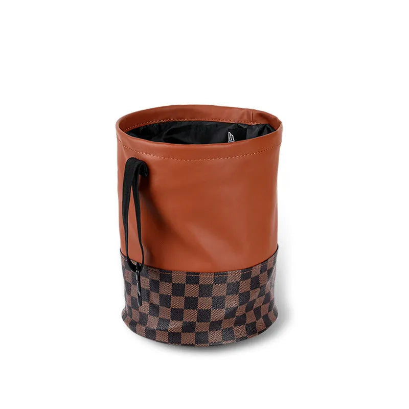 Black retractable leather car trash can with handle shown in folded and expanded states