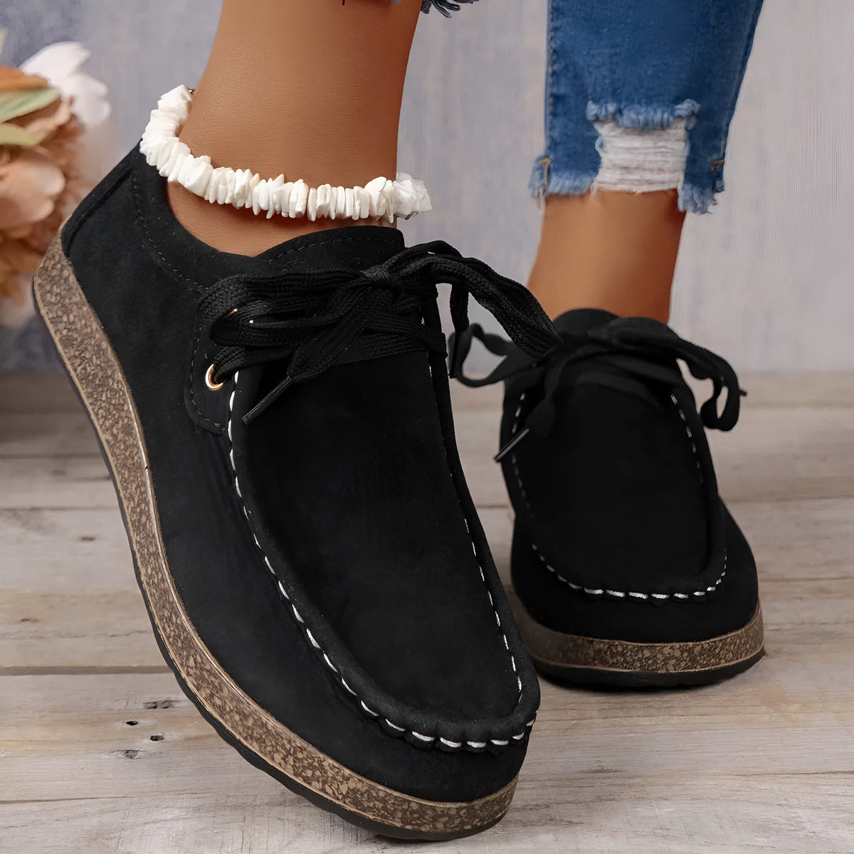 Black unisex lace-up flat shoes with round toe, PU upper, sizes 36-43