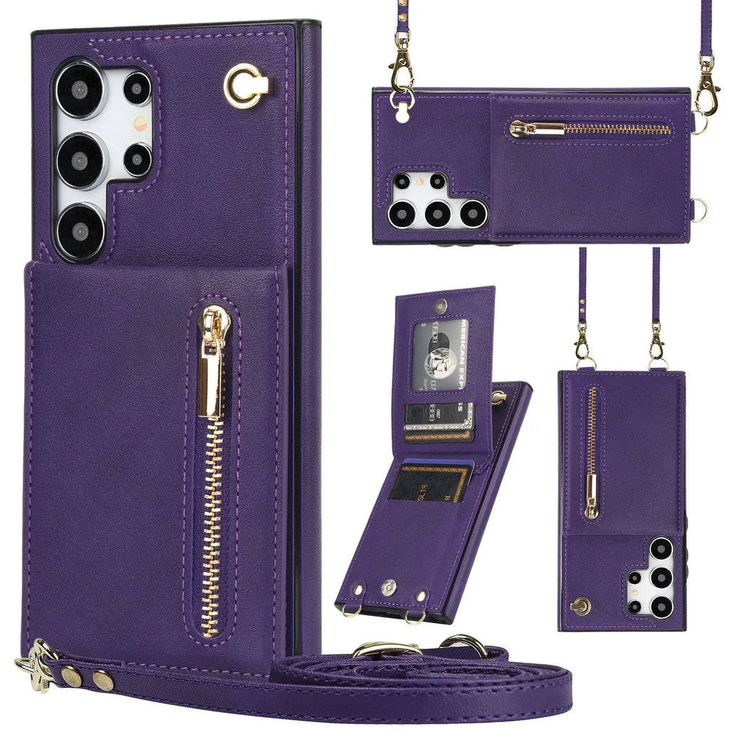Black Samsung phone case with a crossbody strap, card slot, and folded kickstand visible on the back.