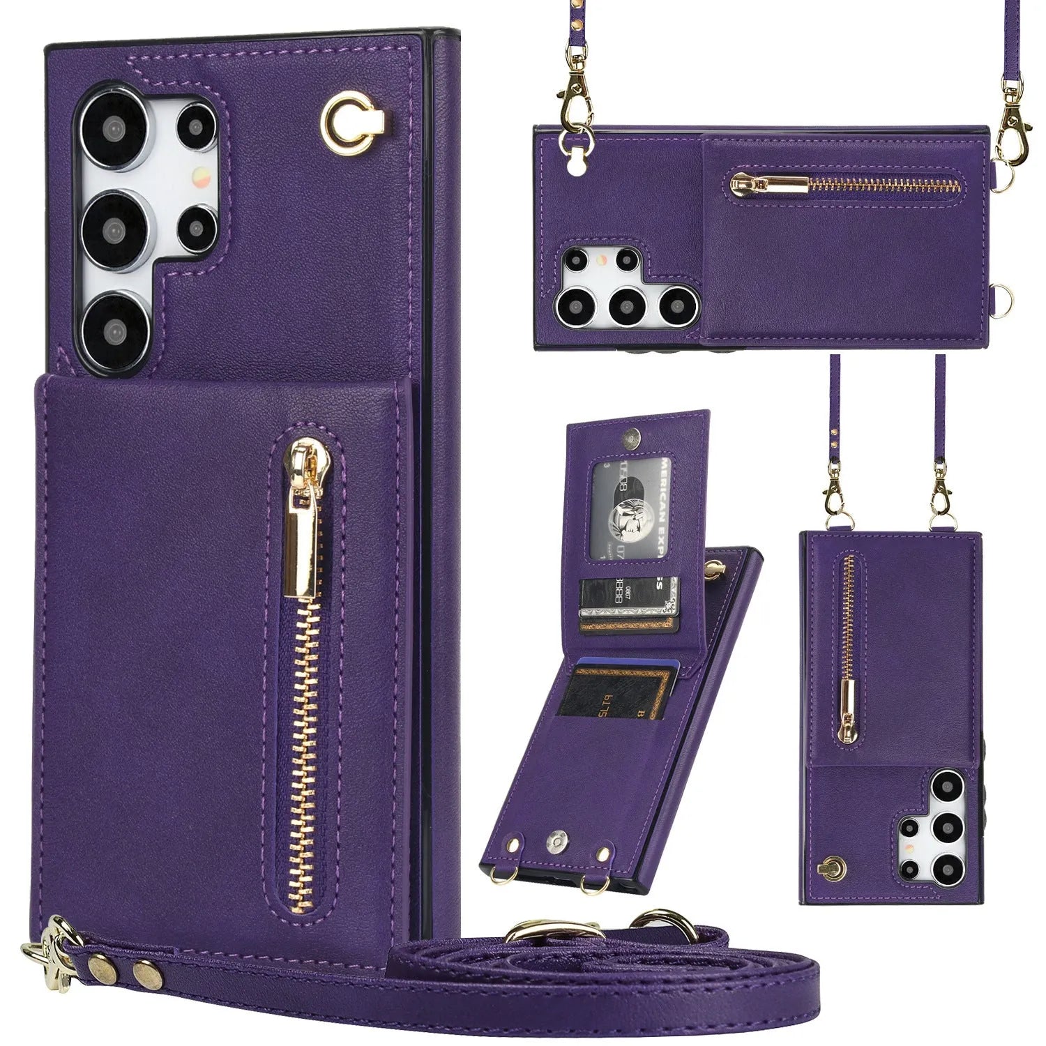 Black Samsung phone case with a crossbody strap, card slot, and folded kickstand visible on the back.