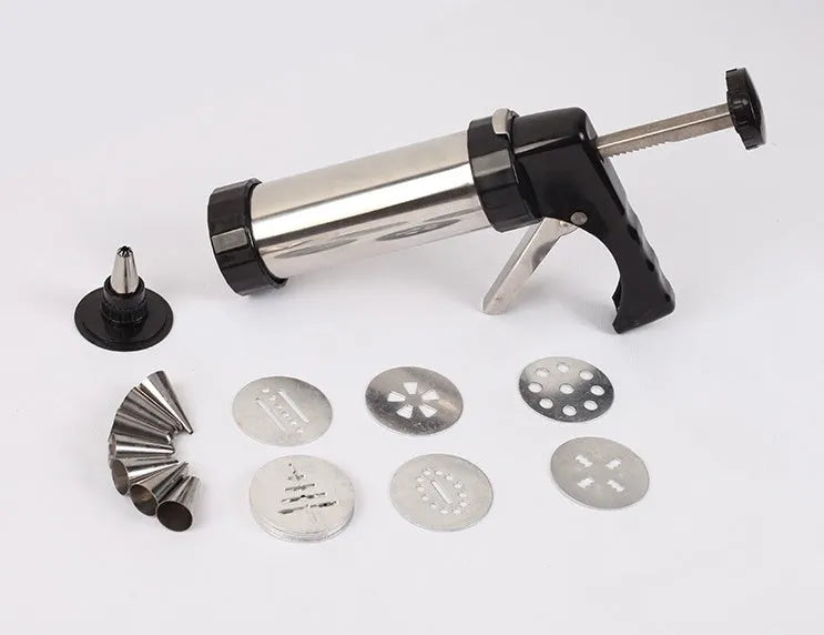 Stainless steel biscuit press cookie machine with 13 moulds and 8 nozzles in a gift box