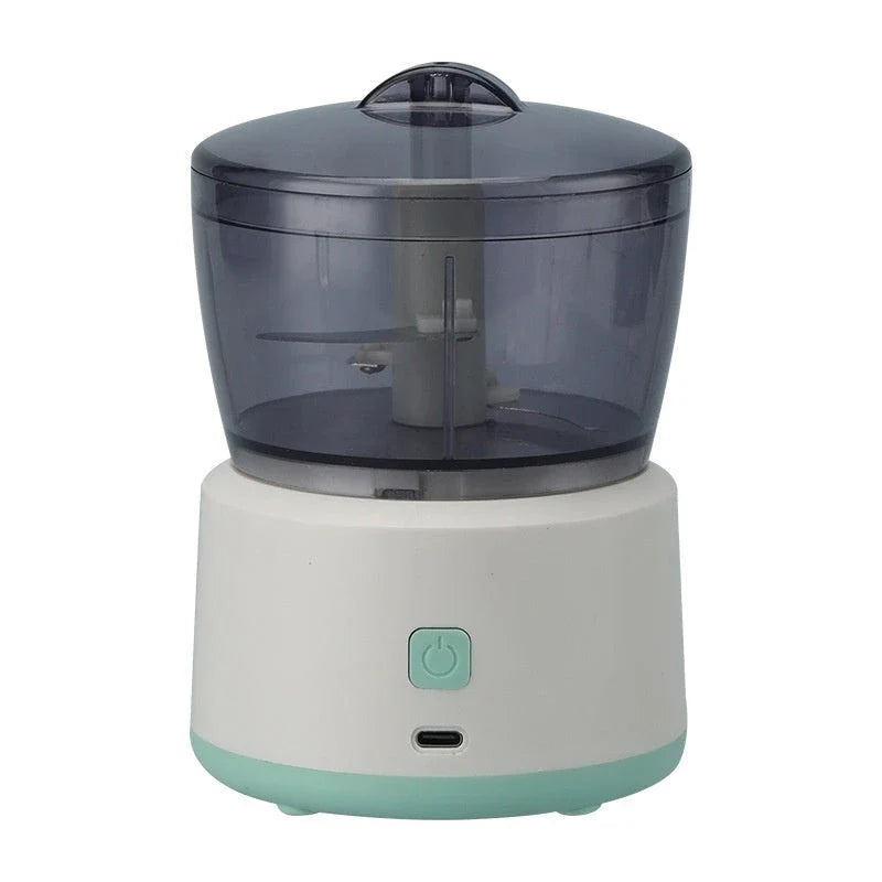 Compact and powerful electric mini meat grinder and food processor with transparent bowl, ideal for chopping, mincing, and pureeing a variety of ingredients