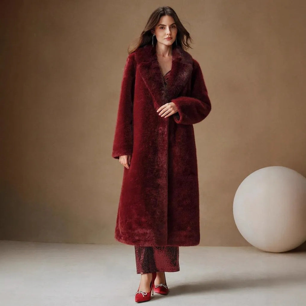 Women's long faux fur coat in camel colour with 100cm length and regular sleeves