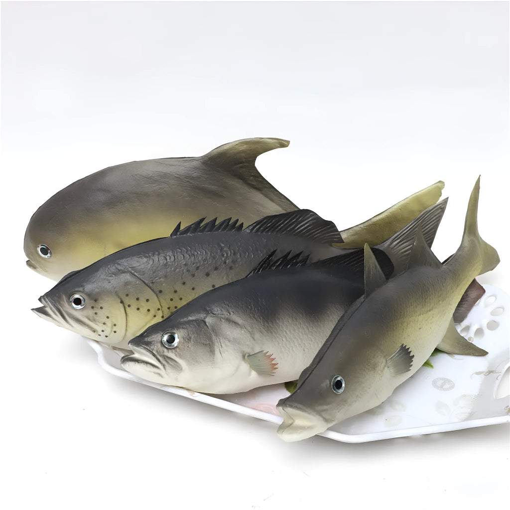 PU simulated fish ornament models in various colours including yellow-fin tuna and flower fish styles