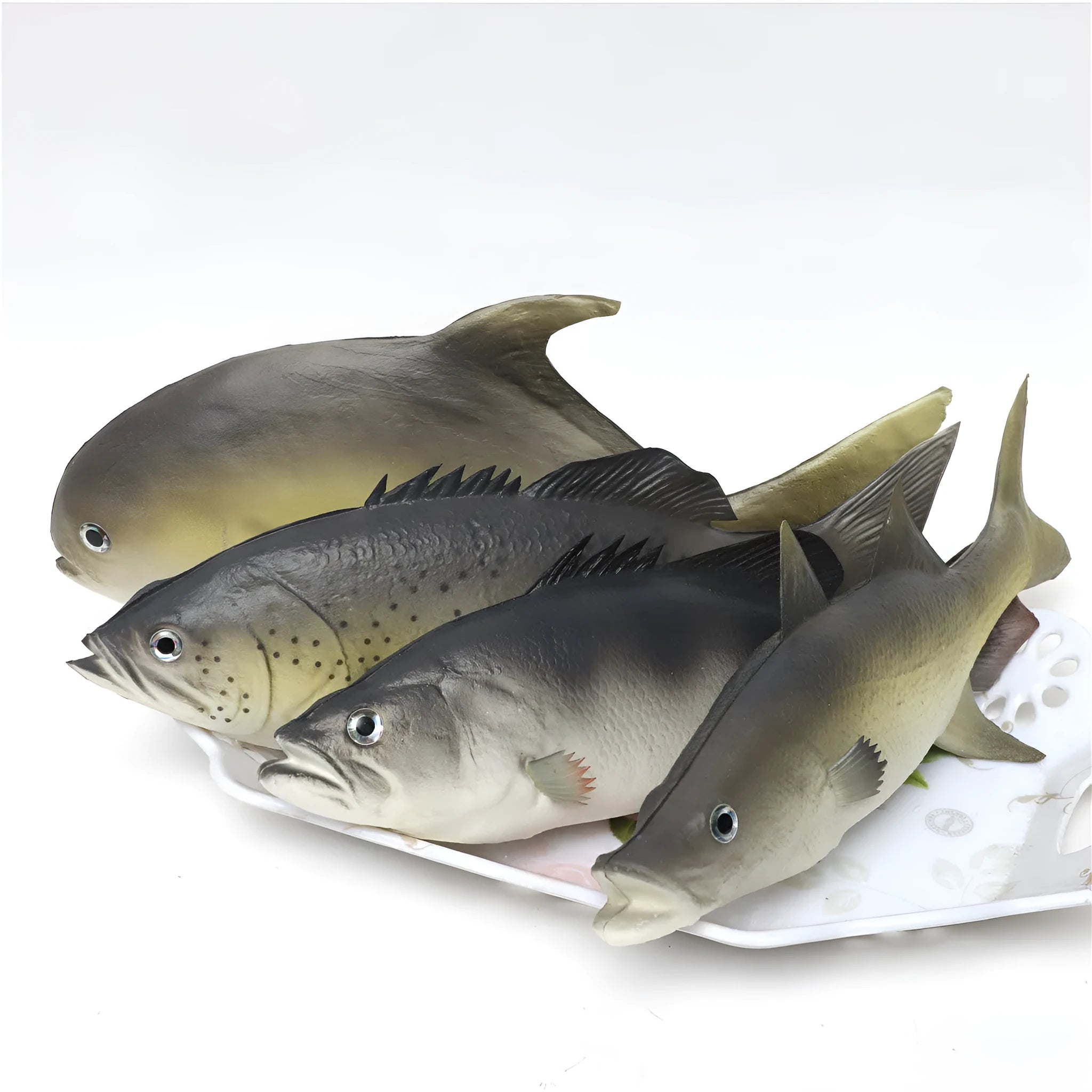 PU simulated fish ornament models in various colours including yellow-fin tuna and flower fish styles