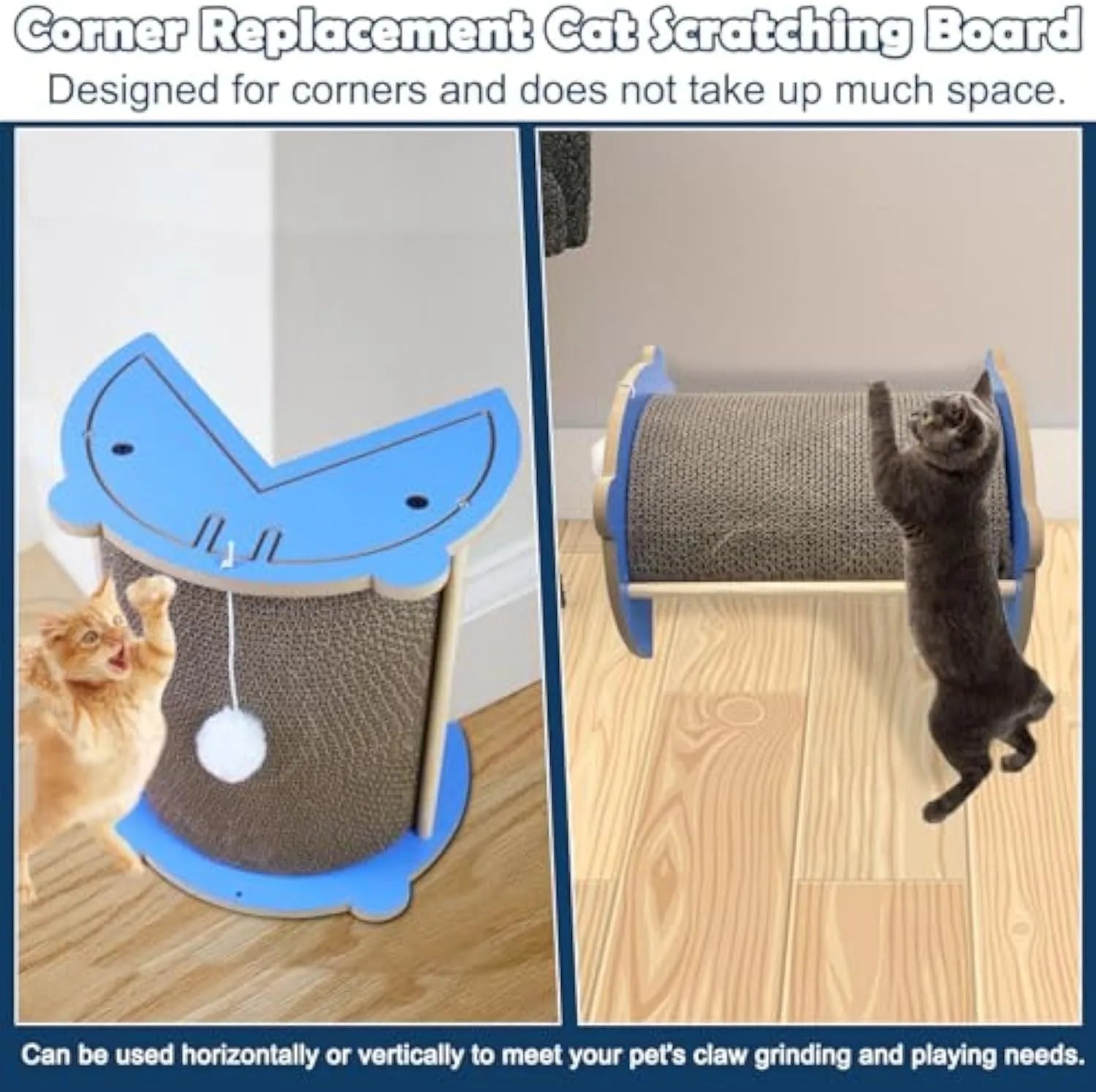 Corner-shaped cardboard cat scratching pad with a hanging blue ball toy attached.