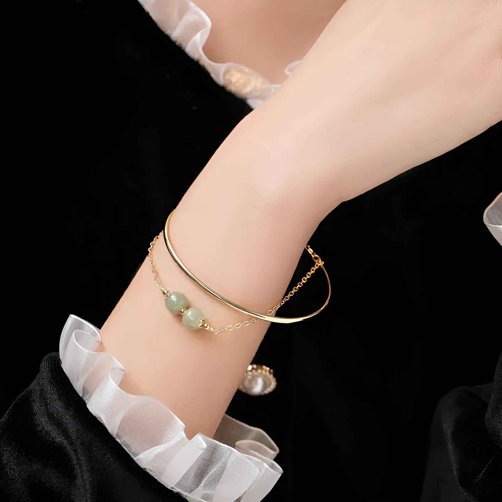 Women's Hetian jade lucky beads bracelet with gold inlay, shown in single, double, and three bead version styles.
