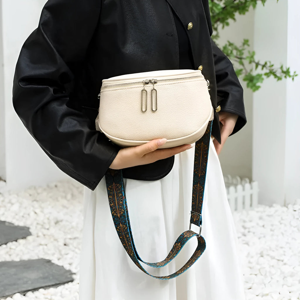 Women's saddle shape PU leather messenger bag in black, white and green colour options