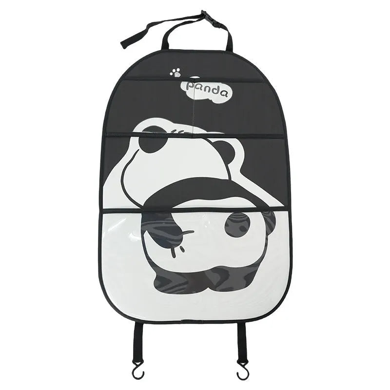 Large black and white leather Naughty Panda anti-kick pad for car backseat protection with cartoon design