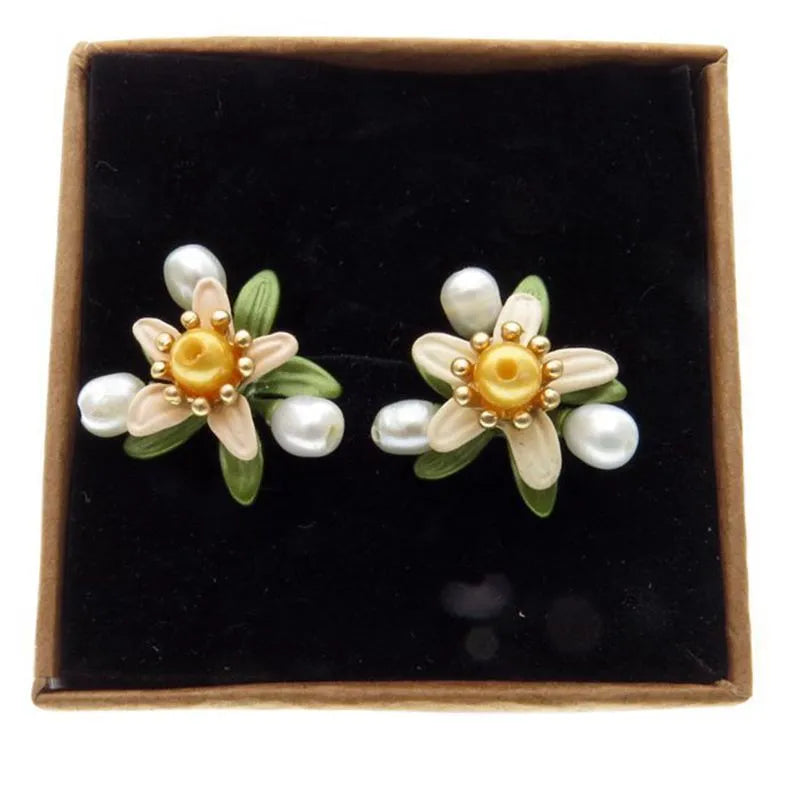 Women's retro orange blossom leaf earrings with freshwater yellow pearl and green varnish on silver alloy base