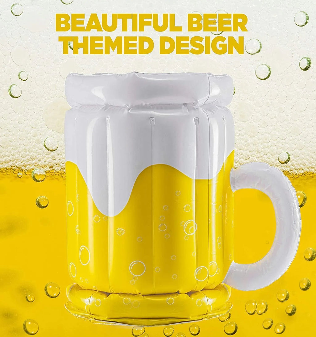 Large yellow inflatable beer mug cooler pool float with drink cans inside.