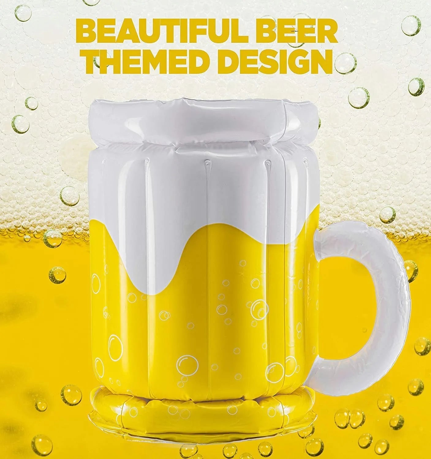 Large yellow inflatable beer mug cooler pool float with drink cans inside.