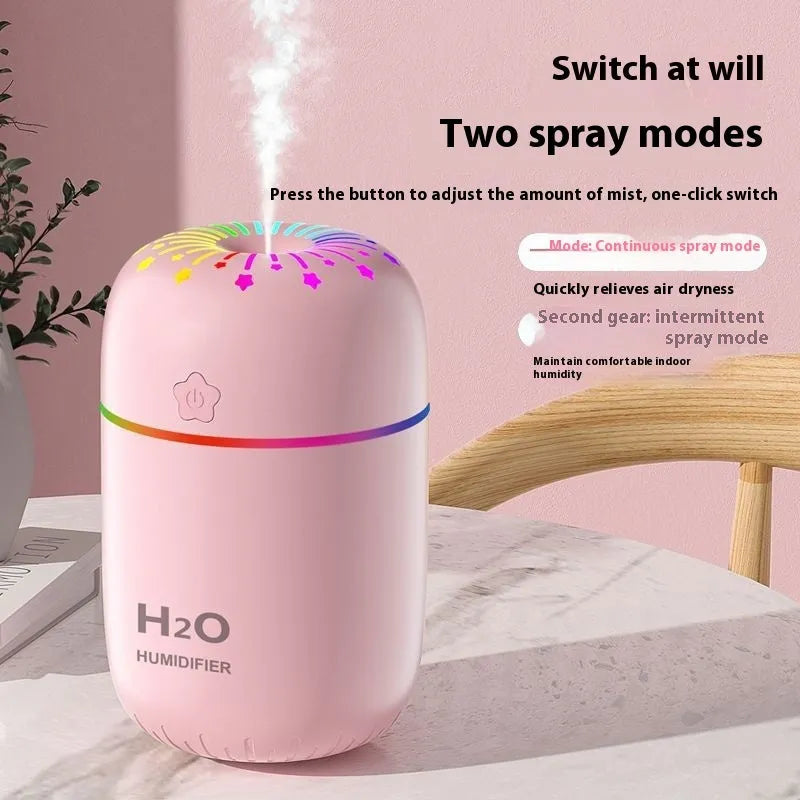 A5 model USB mini humidifier in white, pink, or green with 300ml tank and 75mm compact design
