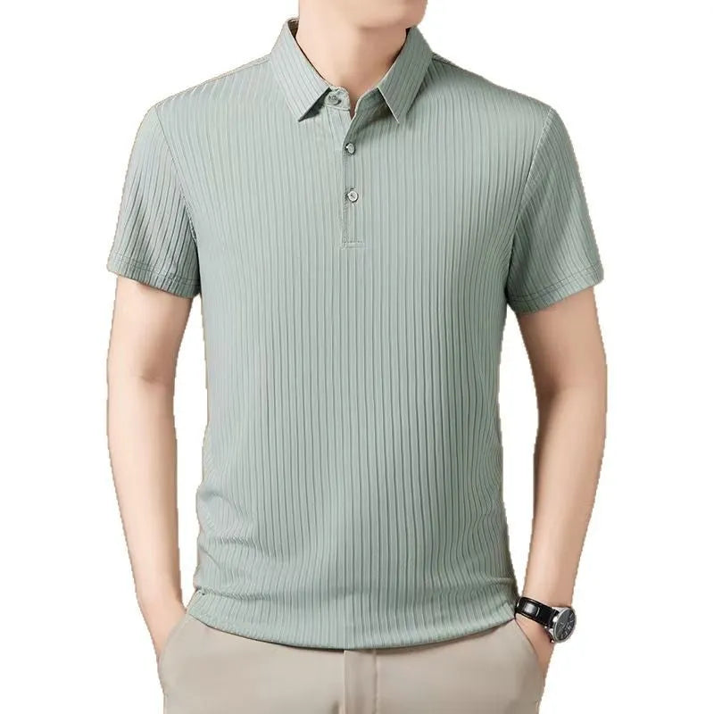 Men's ice silk polo shirt with striped pattern and asymmetric cut-out lapel in light green