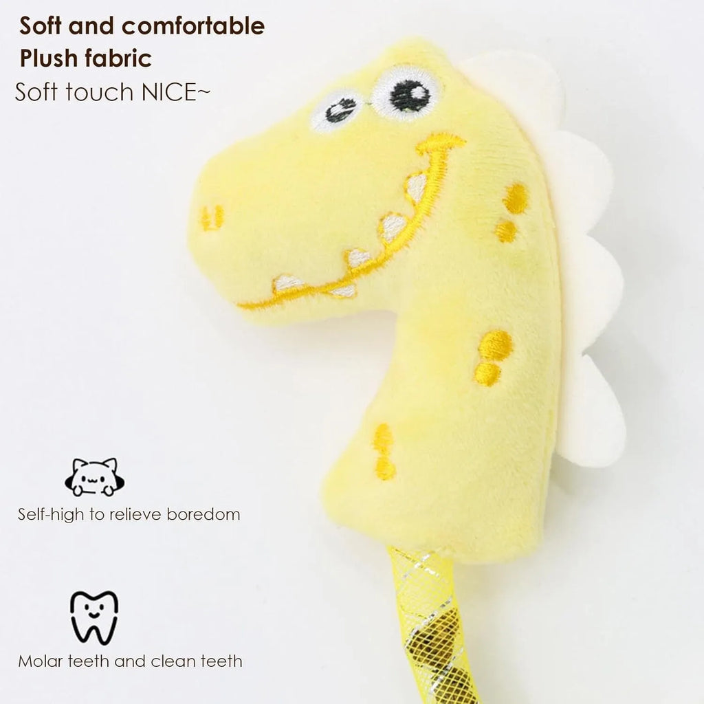 Set of four cat toys including plush, rope, and spring toys in pink, purple, and yellow colours