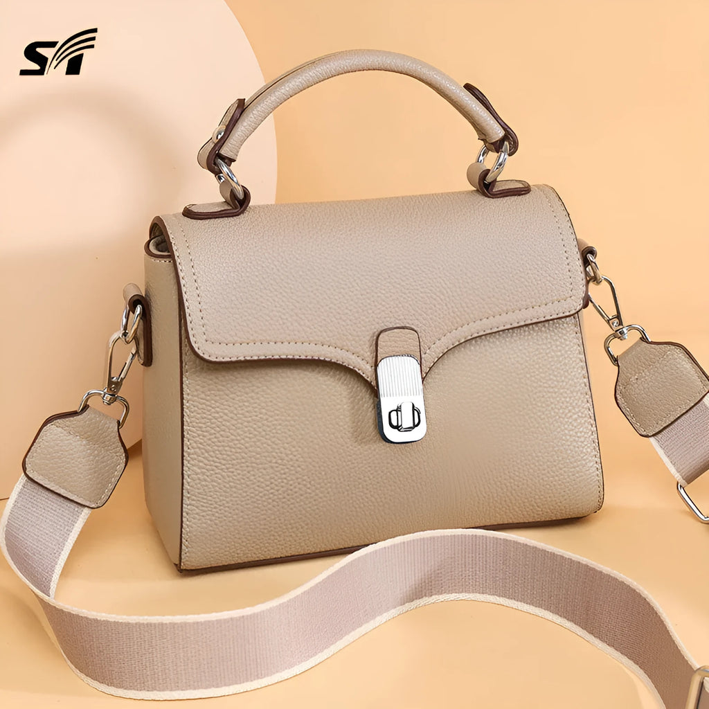 Genuine leather oval cross-body bag 21x18x9cm with sandwich pocket, shown in white, black, khaki and blue