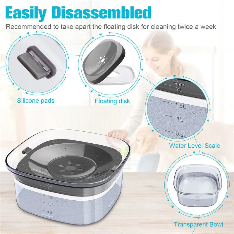 Transparent 2 litre dog water bowl with floating disc showing water level visibility