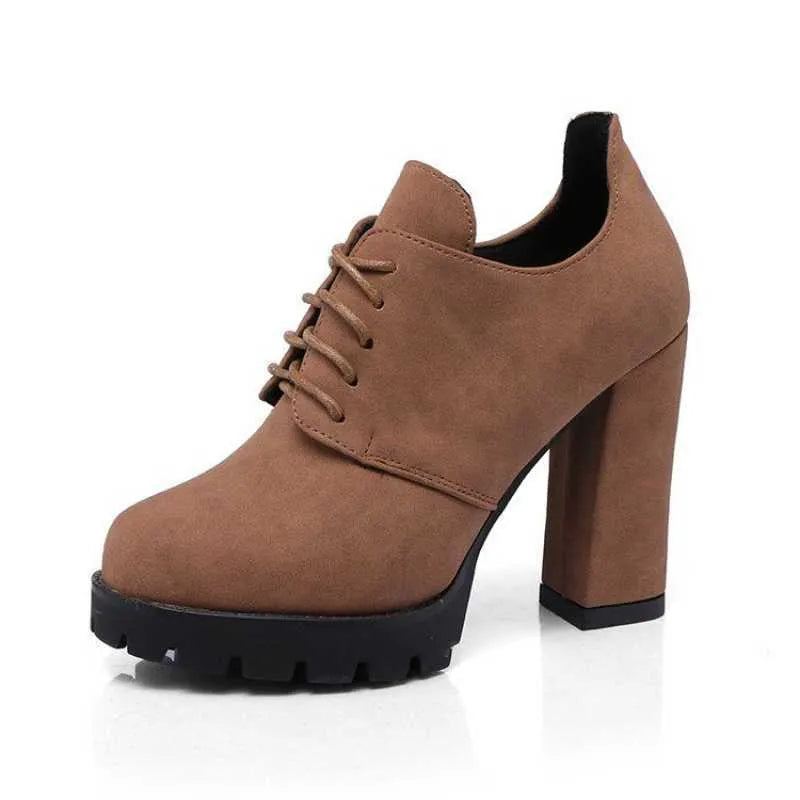 Women's platform high heels with thick heel, round toe, lace-up front, black PU upper, rubber sole