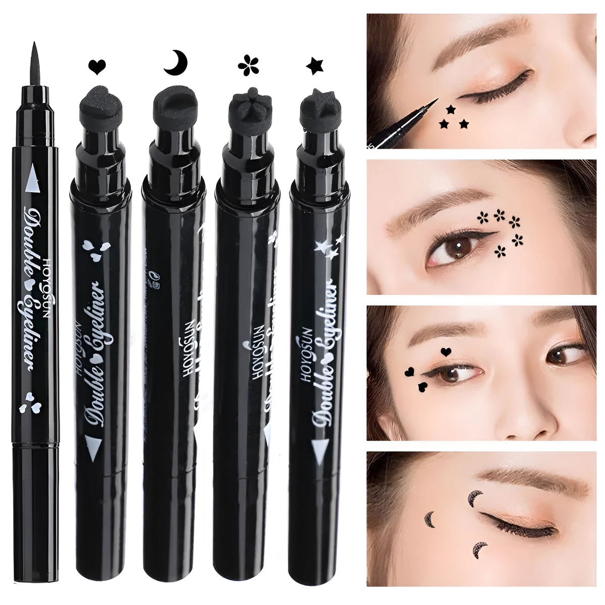 Love Seal liquid eyeliner pen with Five pointed star, Flowers, Love, and Moon stamp design options
