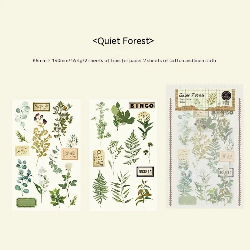 A5 forest art sticker set showing six colour designs on cotton linen transfer paper