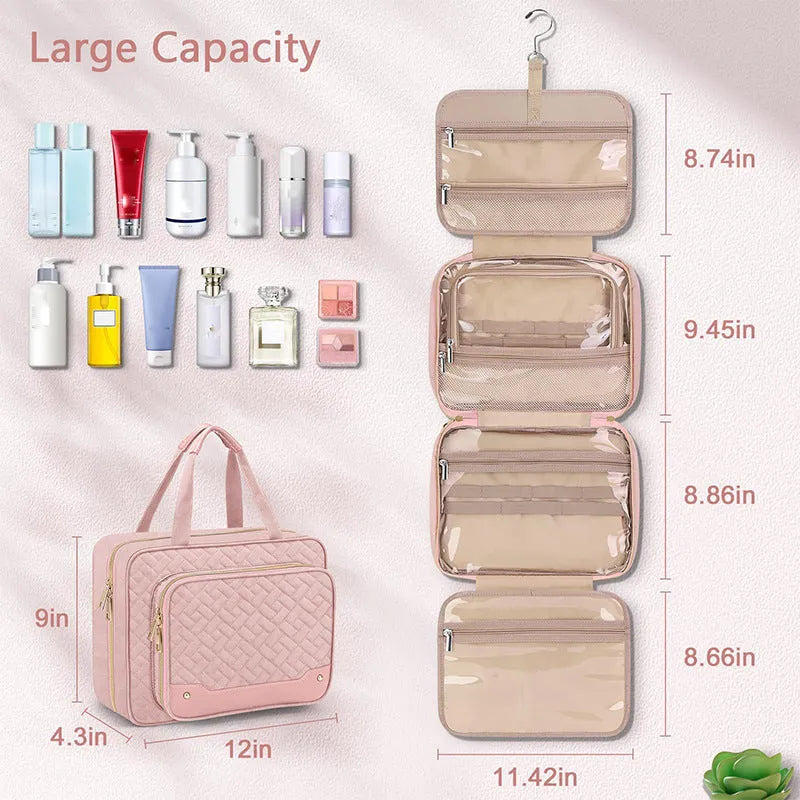 Hanging waterproof cosmetic bag in pink or black measuring 30.5 x 11 x 22.9 cm