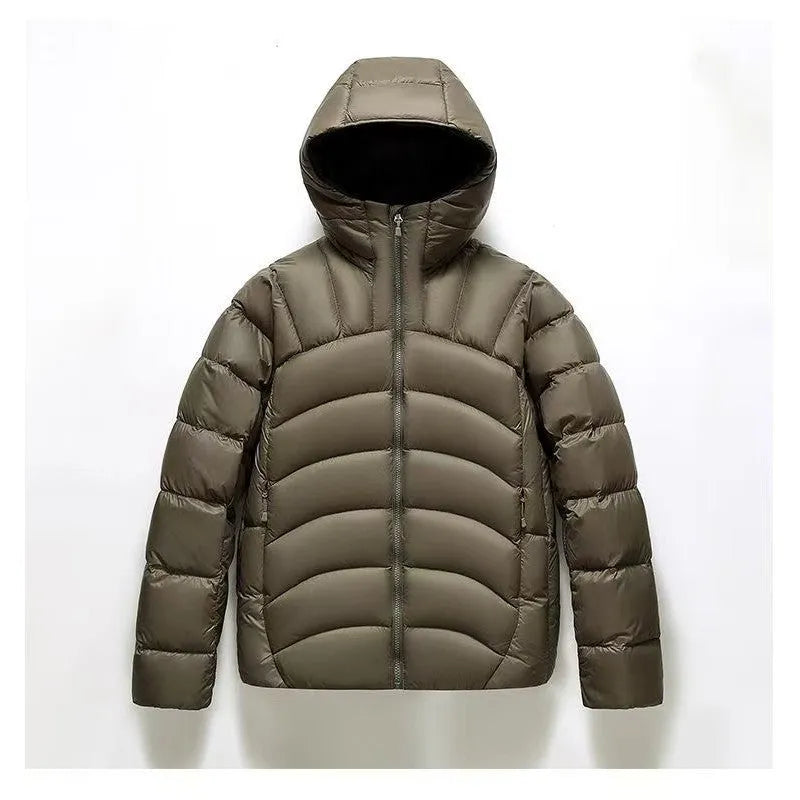 Unisex hooded down jacket in solid colour with 86-90% down fill, shown in five colour options and sizes S to 4XL