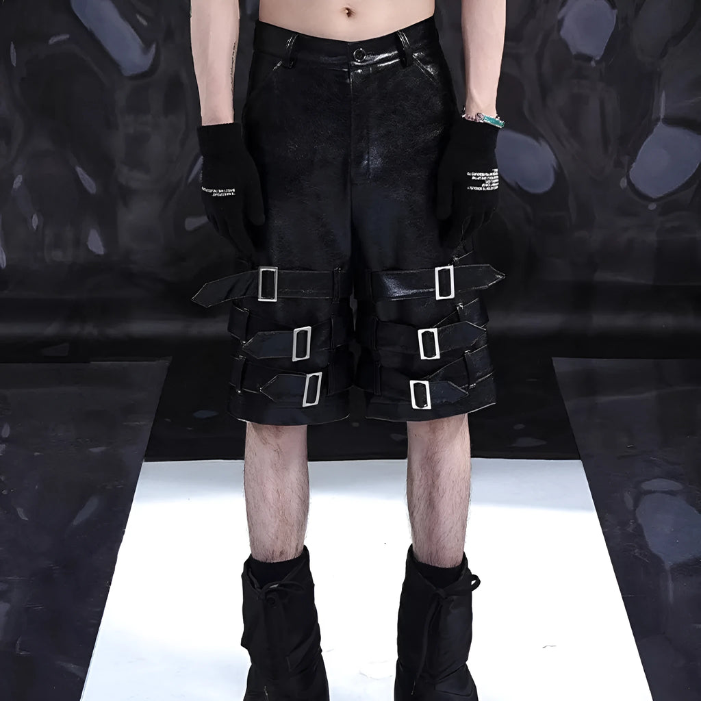 Black men's PU leather cropped shorts with leather ring detailing on a model