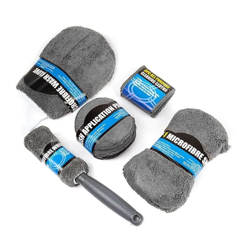 9-piece grey microfiber car wash cleaning set with gloves, sponge, tyre brush, wipes and towels