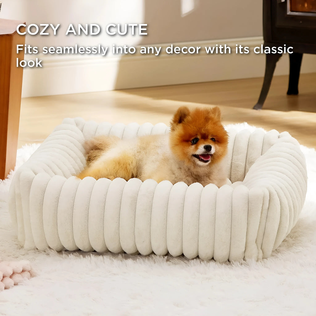 Dog bed with removable cover in beige colour showing four available size options
