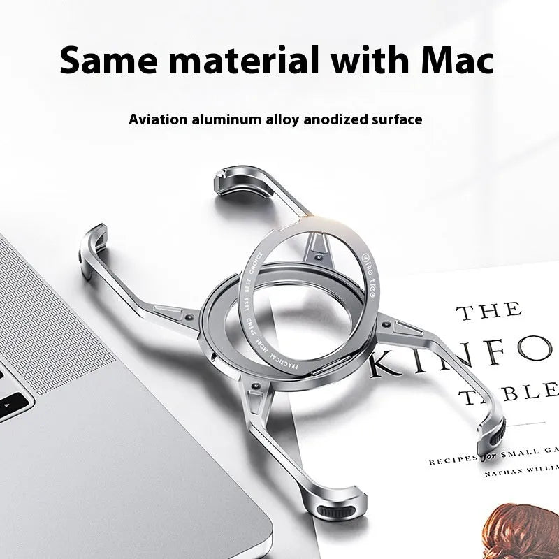Rotary magnetic iPhone case in hollow aluminium alloy with X-shaped bracket, shown in Deep Space Gray