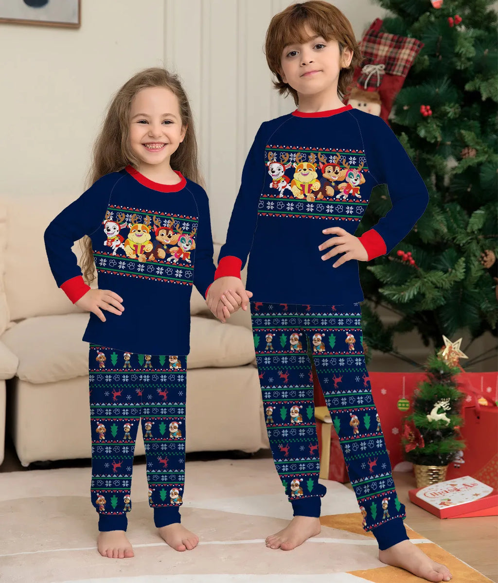 Matching red plaid Christmas pyjamas with cartoon deer print for men, women, children, babies, and dogs.