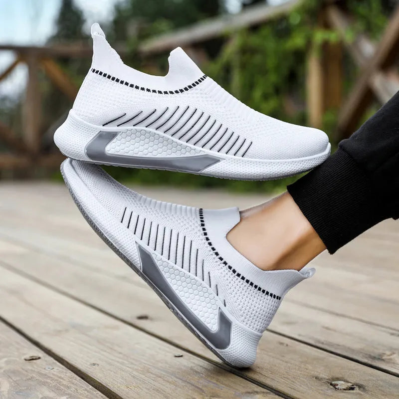 Men's mesh sock slip-on sneakers with striped design and flyknit upper in black colour