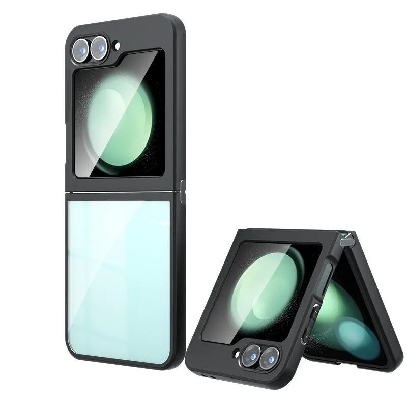 Frosted TPU PC Samsung Z Flip phone case with hardware connecting shaft in matte black and transparent black